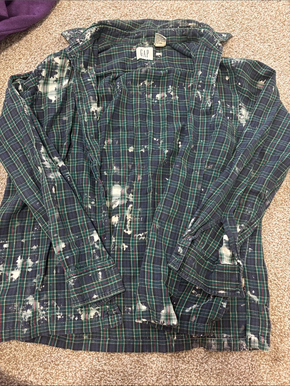 GAP Men's Navy and Green Plaid Button-Down Shirt with White Paint Detail
